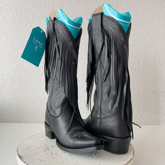 Lane boots Shoes - Lane SENITA FALLS Black Cowboy Boots Fringe Western Tall Snip Toe Womens  Size 5
